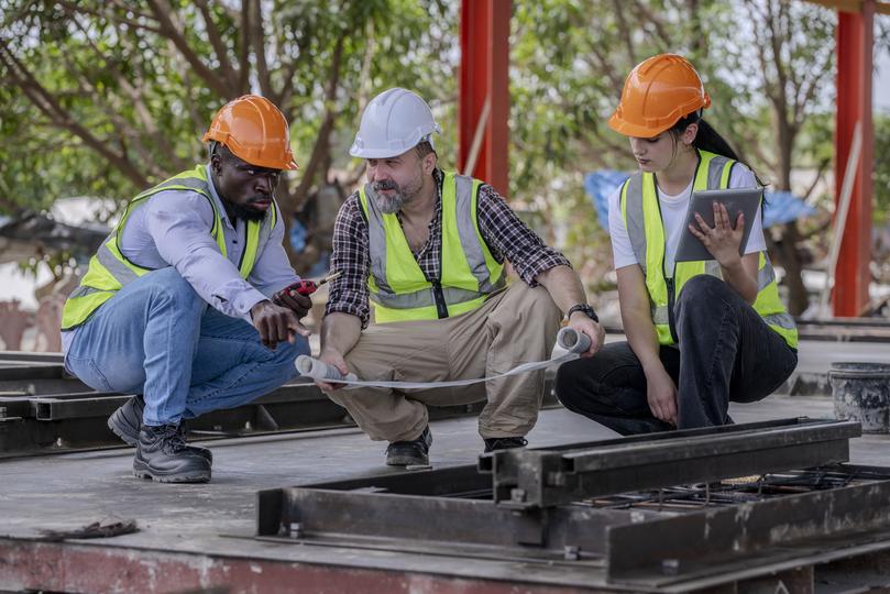 Construction workers building a new house